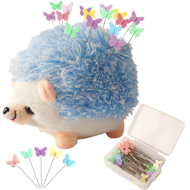 CICITOYWO Hedgehog Shape Pin Cushion, Cute Pincushions Sewing Kit Accessories Supplies Needle Cushions Holder with 100Pcs Colored Ball Heads Straight Fabric Pins for Jewelry Quilting DIY Crafts (Blue) - Image 1