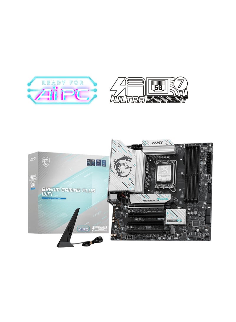 إم اس أي لوحة أم B860M GAMING PLUS WiFi mATX، شريحة Intel B860، LGA 1851، تدعم سلسلة Intel Core Ultra 2، 4x DDR5 UDIMM Slots حتى 256GB، PCIe 5.0 x16، 1× Gen5 M.2 + 2× Gen4 M.2، Wi-Fi 7، Bluetooth 5.4، 5GbE LAN، Thunderbolt 4، HDMI 2.1، DisplayPort 1.4 | 911-7E42-003 - Image 1