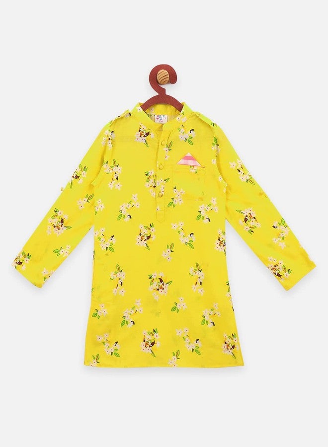 LILPICKS Boys' Cotton Floral Print Straight Dhoti Kurta Set (Yellow, 6-12M) - Image 4