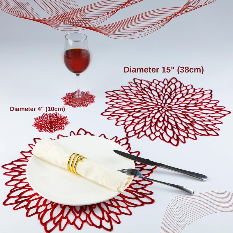 Snowkingdom 6 أزواج من المشاريع والوقايات الحمراء 12 pcs معادن لامعة من الفينيل طاولة الطعام الحصير حول أوراق الزخرفة لعيد الميلاد عيد الحب حفلات العطلة - Image 3