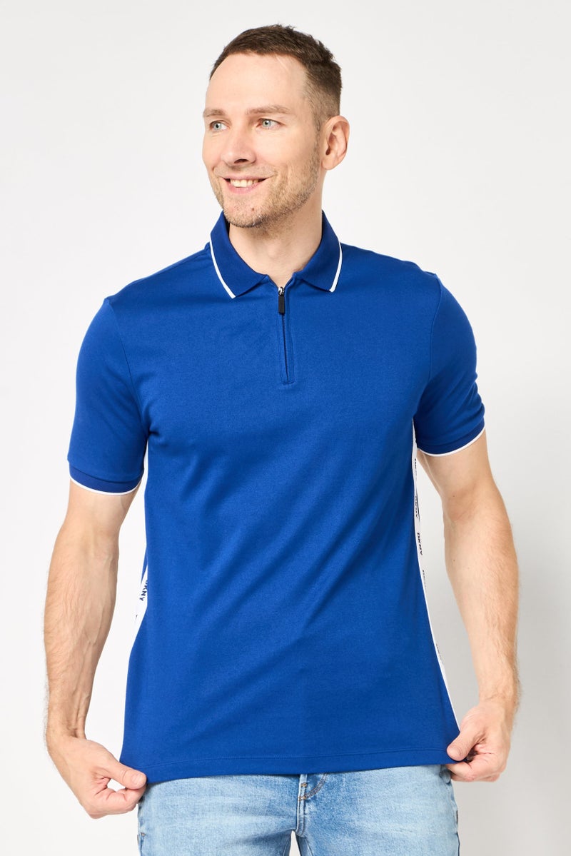 DKNY Men Regular Fit Short Sleeve Brand Logo Polo Shirt, Blue - Image 1