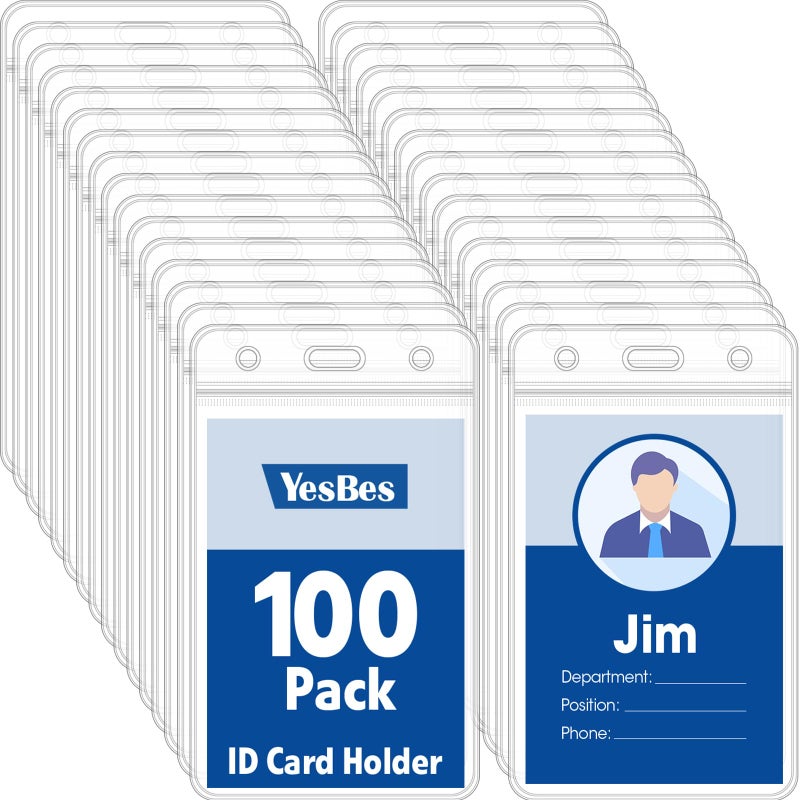 YesBes 100 Pcs Vertical Badge Holders, Waterproof ID Badge Holder, Clear ID Card Holder with Resealable Zip for Proximity Cards, RFID, Credit Cards - Image 1