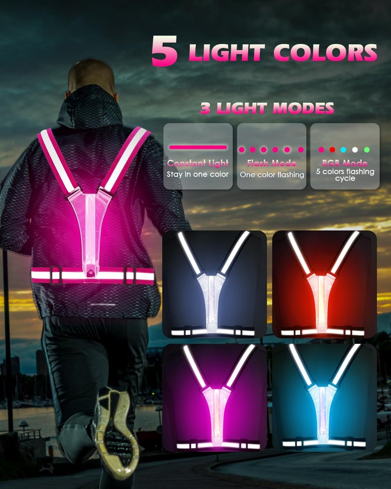Zacro LED Reflective Vest Running Gear, 5 Lights Colors High Visibility Reflective Running Gear Rechargeable Light Up Running Vest for Walking Running Cycling, Adjustable for Men Women Kids(Pink) - Image 3