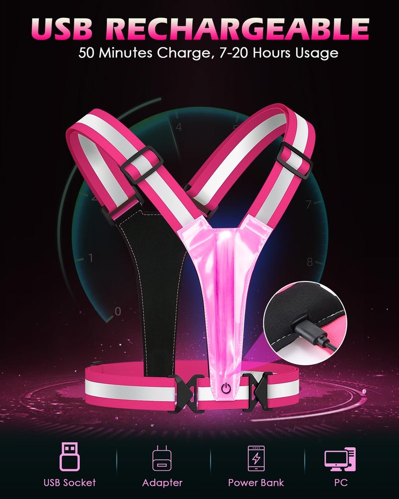 Zacro LED Reflective Vest Running Gear, 5 Lights Colors High Visibility Reflective Running Gear Rechargeable Light Up Running Vest for Walking Running Cycling, Adjustable for Men Women Kids(Pink) - Image 4