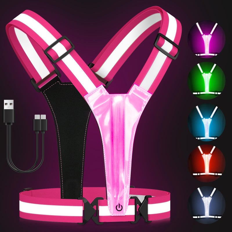 Zacro LED Reflective Vest Running Gear, 5 Lights Colors High Visibility Reflective Running Gear Rechargeable Light Up Running Vest for Walking Running Cycling, Adjustable for Men Women Kids(Pink) - Image 1
