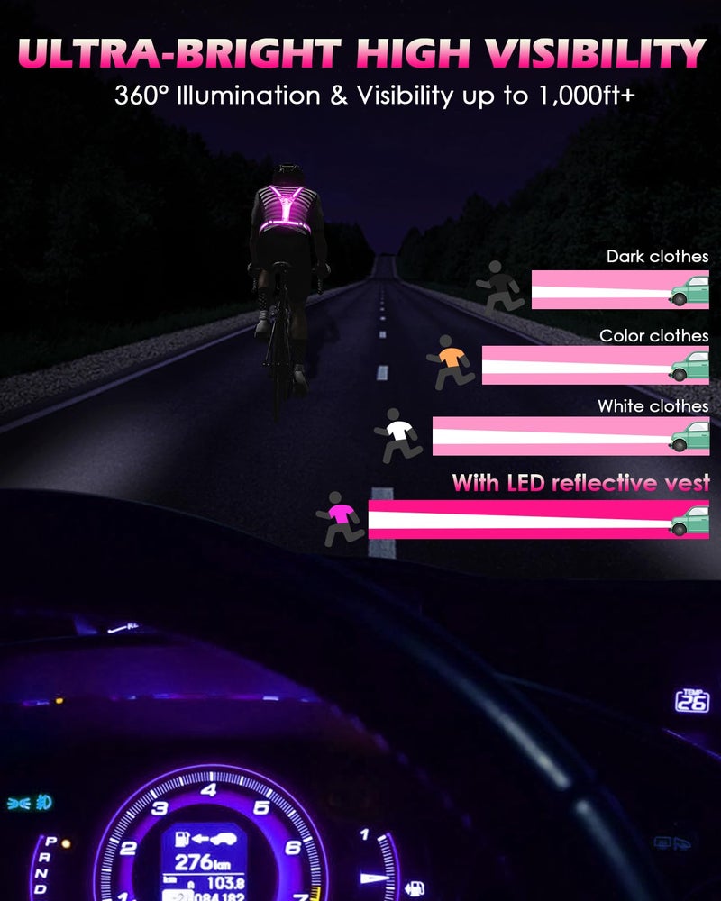 Zacro LED Reflective Vest Running Gear, 5 Lights Colors High Visibility Reflective Running Gear Rechargeable Light Up Running Vest for Walking Running Cycling, Adjustable for Men Women Kids(Pink) - Image 2