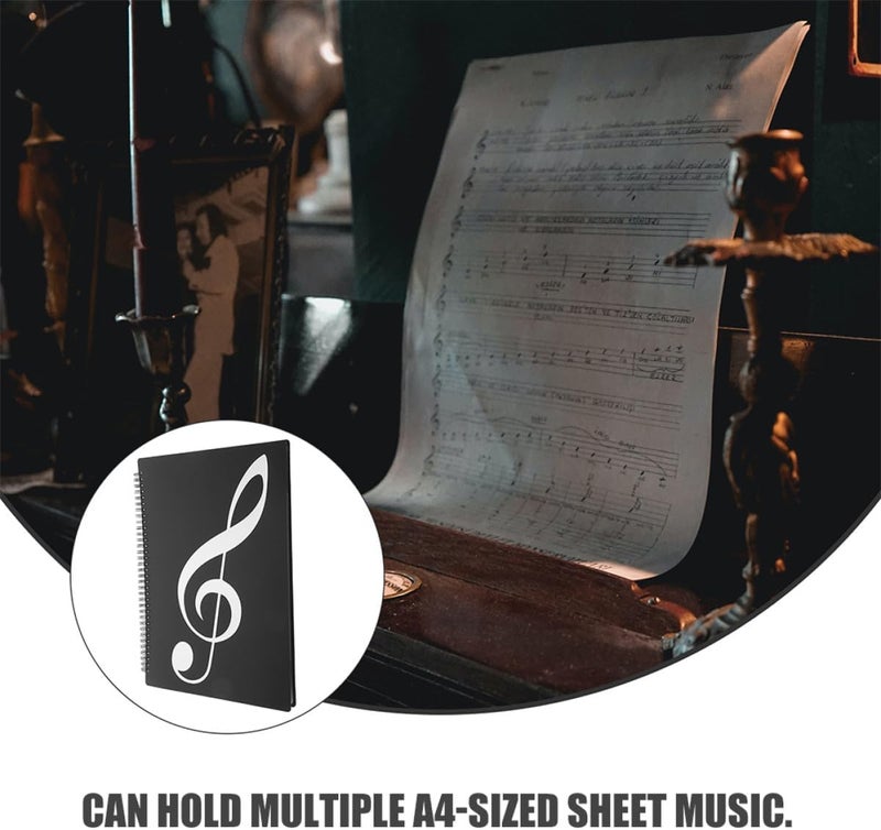 Ciieeo A4 Music Sheet Folder 30-Pages 60-Sides, Portable Document Organizer Silver Note Pattern and Black Cover, Sheet Music Storage Binder for Musicians and Office Use - Image 3