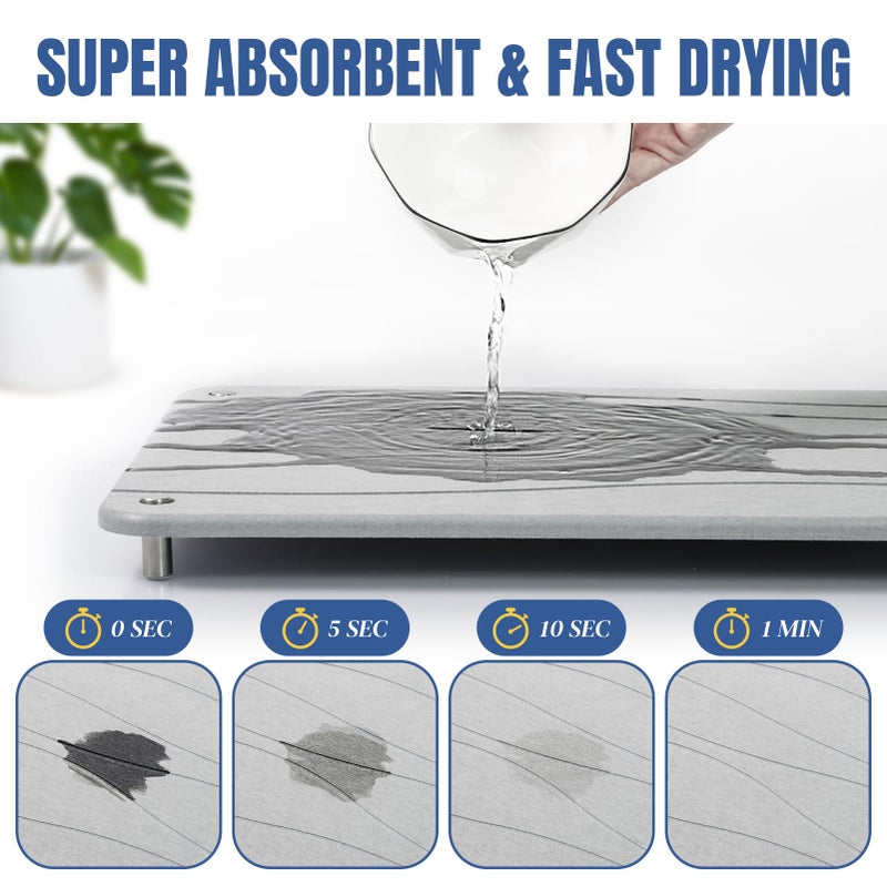 Plentio Stone Drying Mat for Kitchen Counter, Diatomaceous Dish Drying Mats Superb Absorbent with Non-Slip Stainless Steel Feet for Dishes, Bottles and more, 15.7"(L)Ã—11.8"(W), Light Grey Wave - Image 3