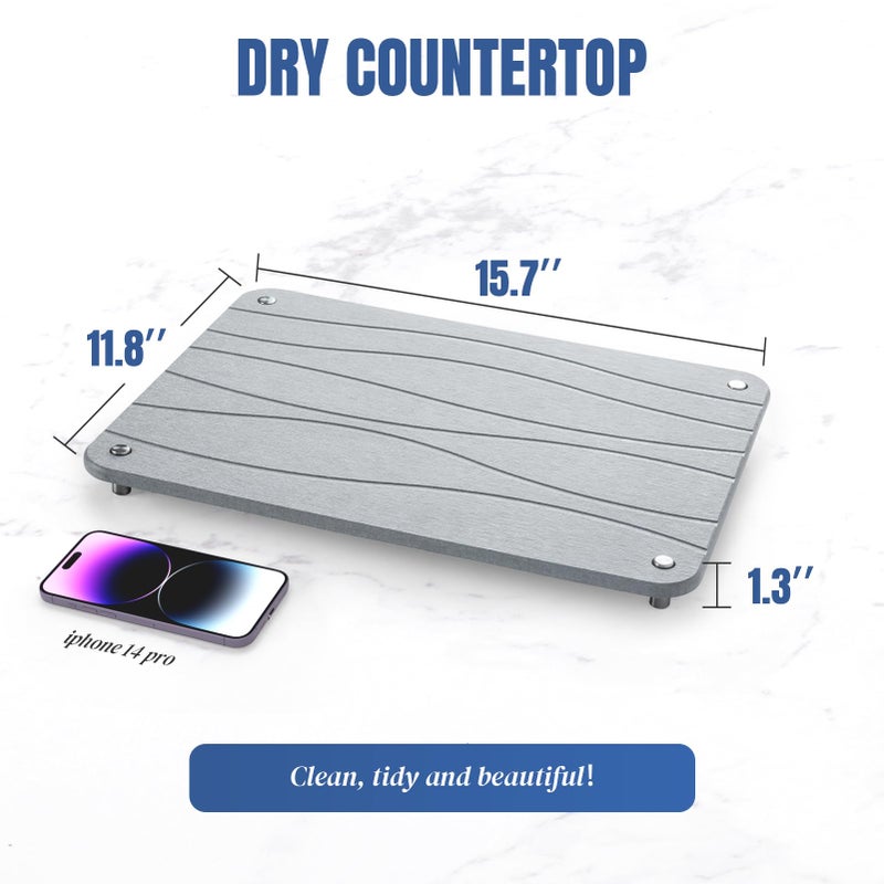 Plentio Stone Drying Mat for Kitchen Counter, Diatomaceous Dish Drying Mats Superb Absorbent with Non-Slip Stainless Steel Feet for Dishes, Bottles and more, 15.7"(L)Ã—11.8"(W), Light Grey Wave - Image 4