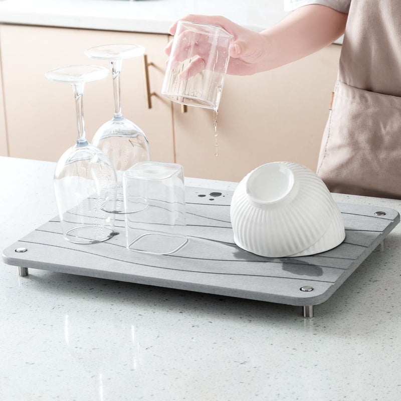 Plentio Stone Drying Mat for Kitchen Counter, Diatomaceous Dish Drying Mats Superb Absorbent with Non-Slip Stainless Steel Feet for Dishes, Bottles and more, 15.7"(L)Ã—11.8"(W), Light Grey Wave - Image 1