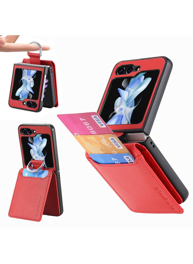 اس-توب جراب لهاتف Samsung Galaxy Z Flip6 مصنوع من الجلد المزخرف بحلقة ومحفظة - Image 1