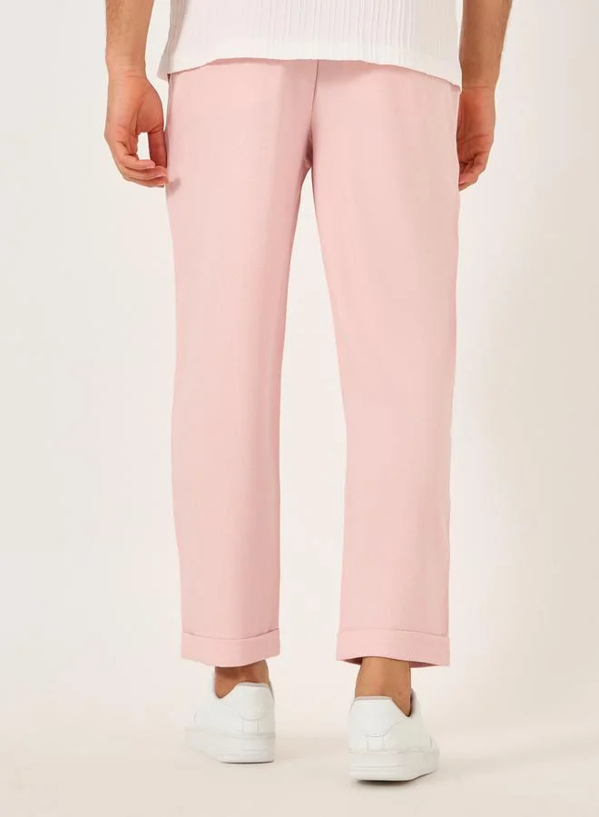 Take Two Solid Flat Front Relaxed Fit Pants with Slant Pockets by Styli