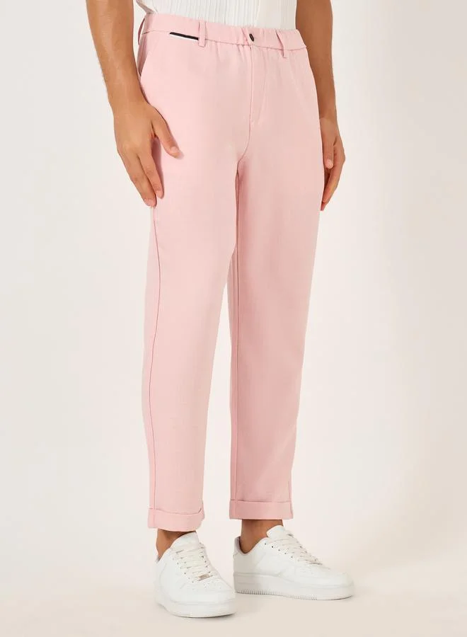 Take Two Solid Flat Front Relaxed Fit Pants with Slant Pockets by Styli