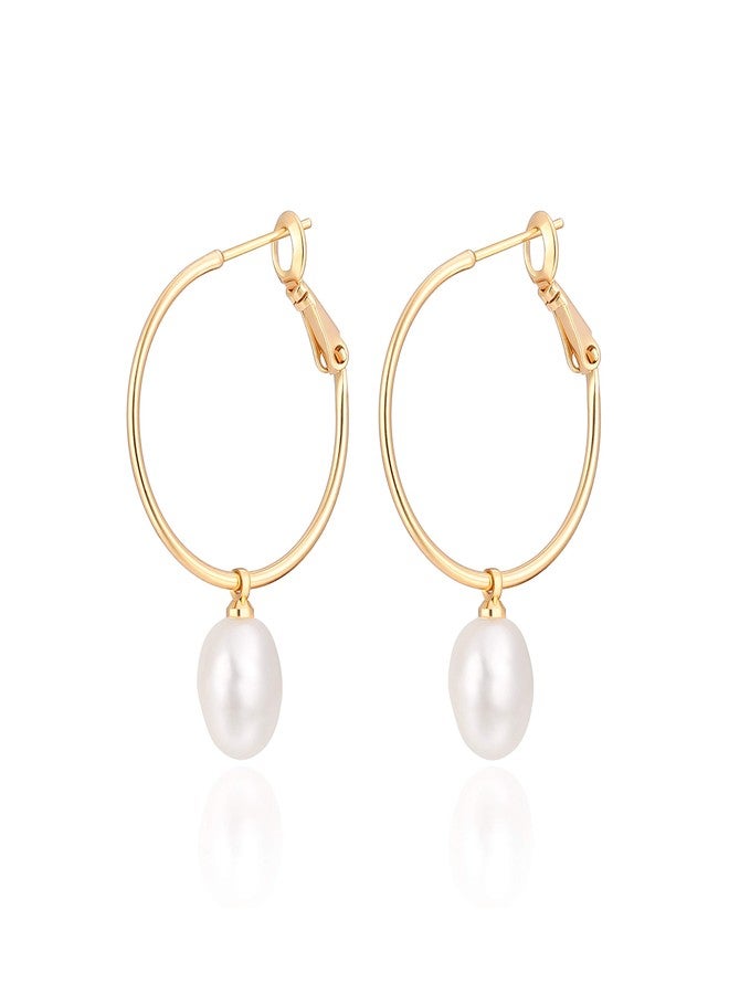 PEARLADA Gold Huggie Hoop Earrings with Charms Fashion Pearl Drop Dangle Earrings for Women Handmade Karma Circle Jewelry for Ladies Lightweight Pearl Earrings on Christmas - Image 1