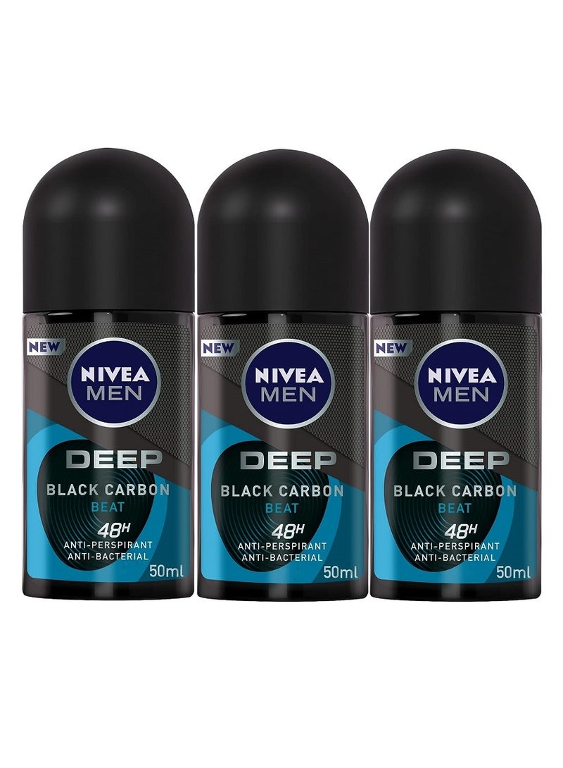 Nivea Men Antiperspirant Roll on for Men Deep Beat Black Carbon Antibacterial Wood Fresh Scent 50ml Pack Of 3 - Image 1