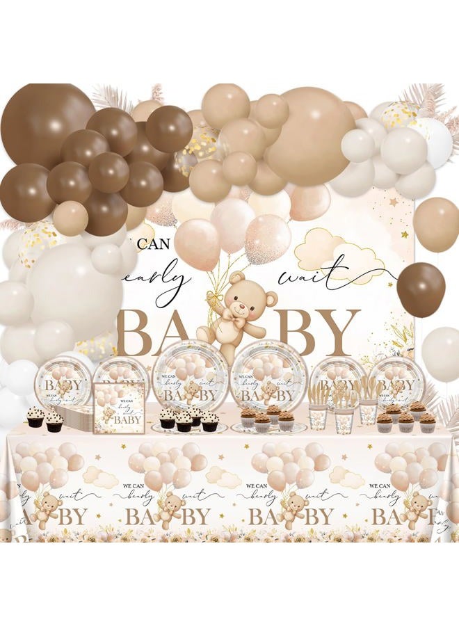 Lecheme 270 Pcs Bear Baby Shower Decorations: We Can Bearly Wait Baby Shower Banner Balloons Disposable Plates and Napkins Cups Tablecloth, Serve 24 - Image 1