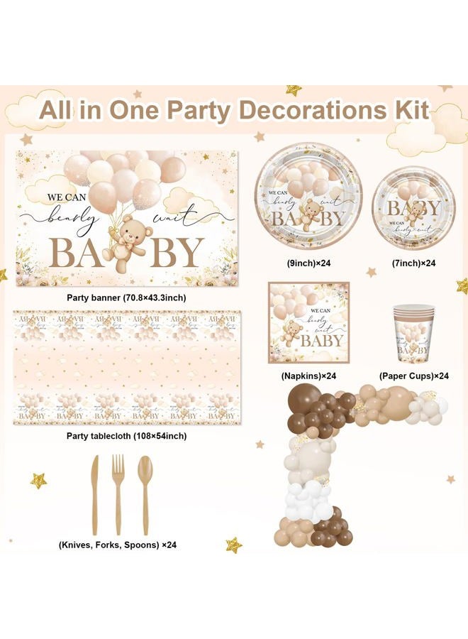 Lecheme 270 Pcs Bear Baby Shower Decorations: We Can Bearly Wait Baby Shower Banner Balloons Disposable Plates and Napkins Cups Tablecloth, Serve 24 - Image 3