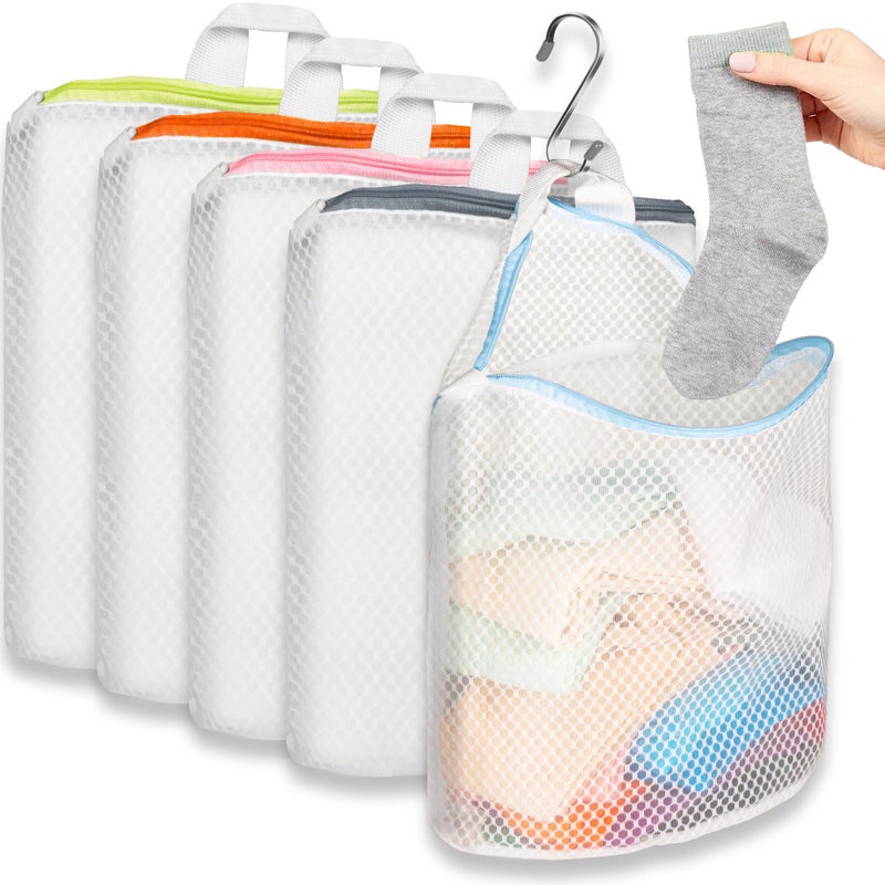 Cociat 5Pcs Hanging Laundry Bags for Socks with S Hooks,12 X 10 inch 5 Color Mesh Laundry Bags for Washing Machine - Image 1