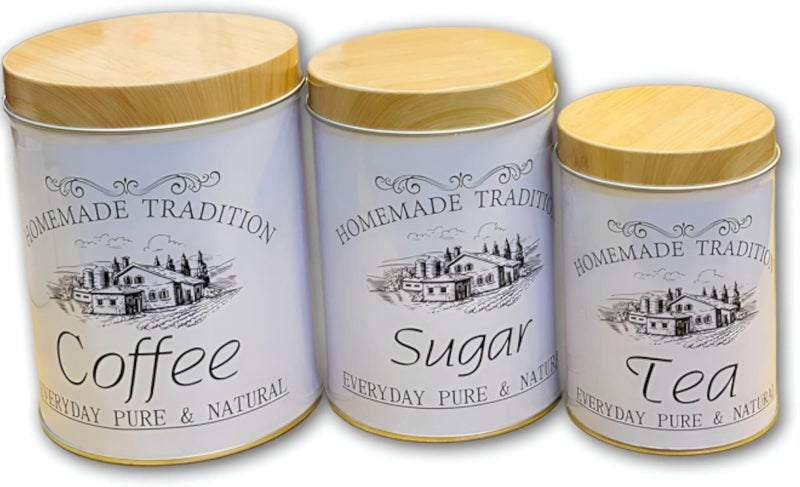 علب تخزين - طقم من 3 علب بيضاء للشاي والقهوة والسكر بتصميم ريفي أنيق، بأغطية من خشب الصنوبر، ديكورات فرنسية أنيقة وعصرية، حل متين وأنيق لتنظيم المطبخ