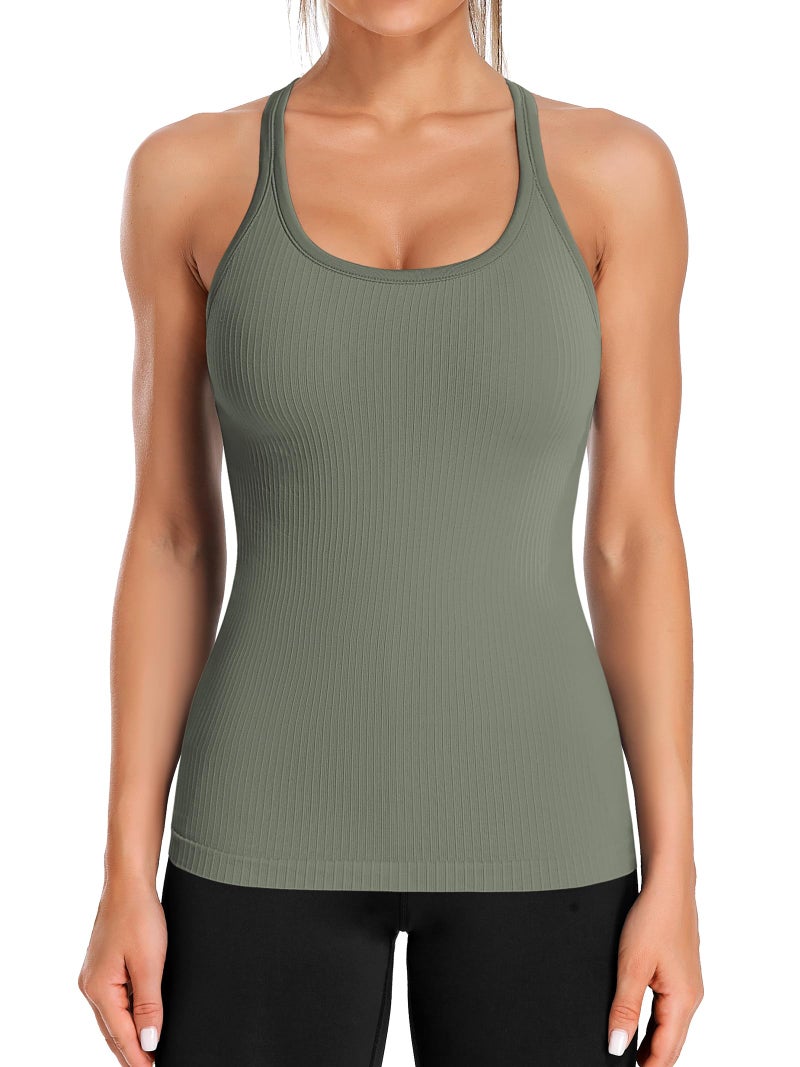 ATTRACO Womens Racerback Tank Tops Camisole Tank with Bra Ribbed Workout Tank Top Green XL - Image 1