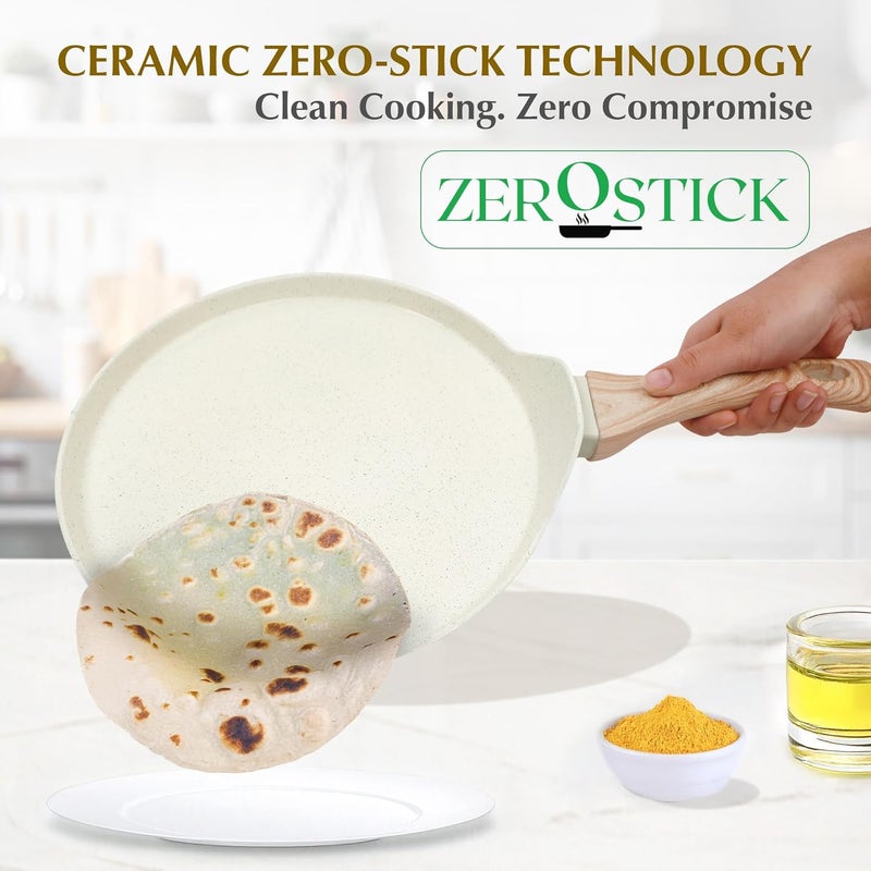 SOLARA Belmont Ceramic Dosa Tawa Non Stick Pan 28cm, Dosa Tawa Induction Base & Gas Compatible with Soft-Touch Handles, Flat Dosa Tava - Ivory - Image 3