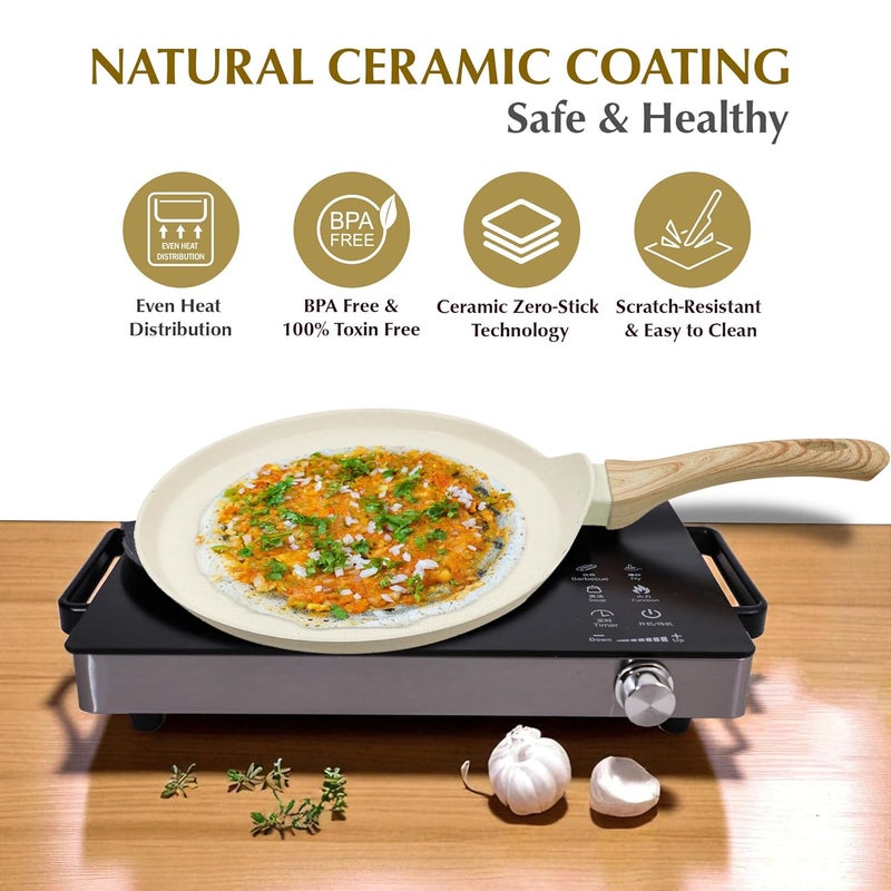 SOLARA Belmont Ceramic Dosa Tawa Non Stick Pan 28cm, Dosa Tawa Induction Base & Gas Compatible with Soft-Touch Handles, Flat Dosa Tava - Ivory - Image 2