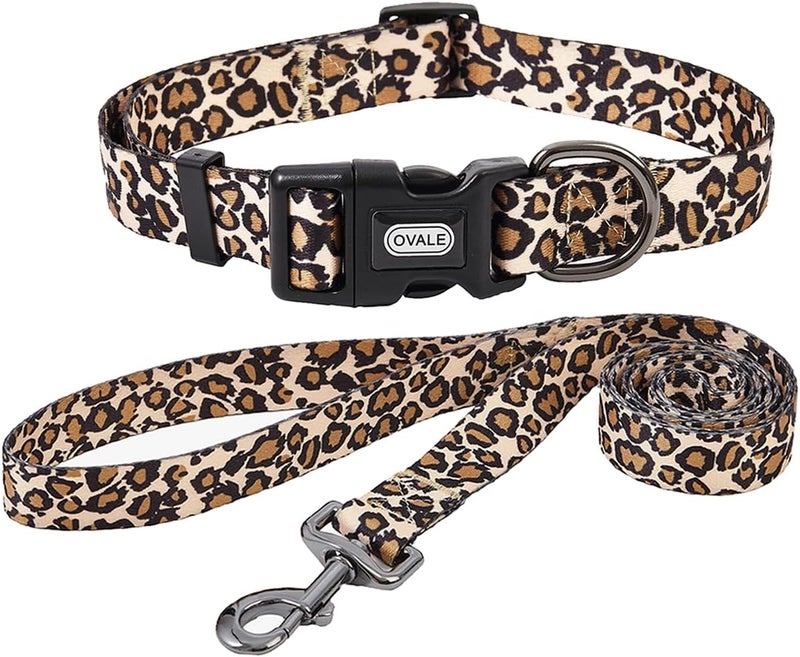 Ovale Dog Collar and Leash Set, Polyester Webbing with Leopard Pattern, 4 (Brown Leopard, Medium) - Image 1