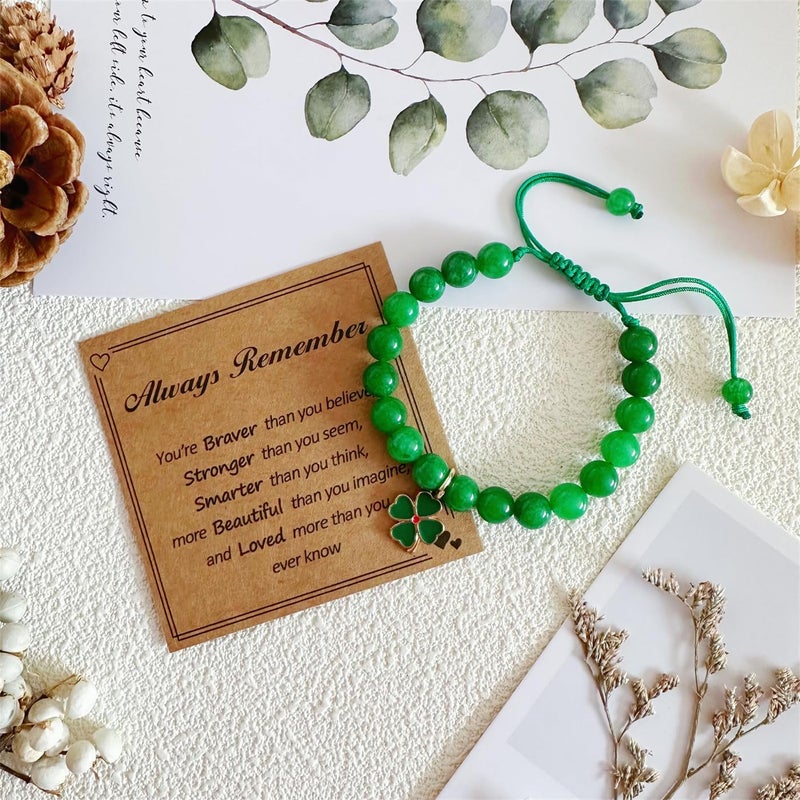 Bovemee 6PCS Green Nature Stone Clove Bracelet Four-Leaf Clover Female Heart Charm Clover Peacock Bracelet Lucky Bracelet Trendy Gift for Women - Image 4