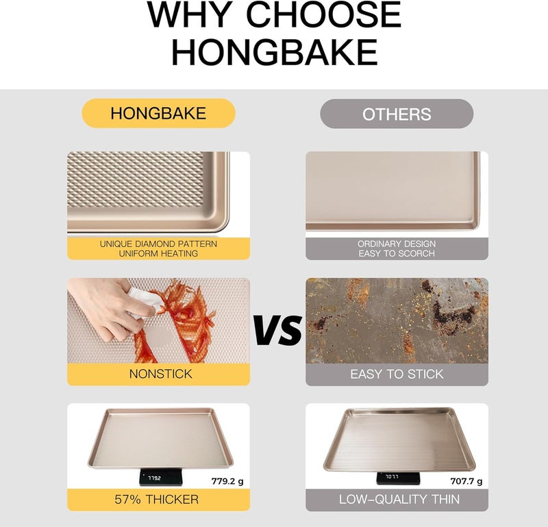 HONGBAKE Nonstick Quarter Sheet Pan - Premium Small Cookie Sheet for Baking with Diamond Texture Surface, 57% Thicker Carbon Steel Commercial Cooking Tray for Oven - Champagne Gold - Image 2