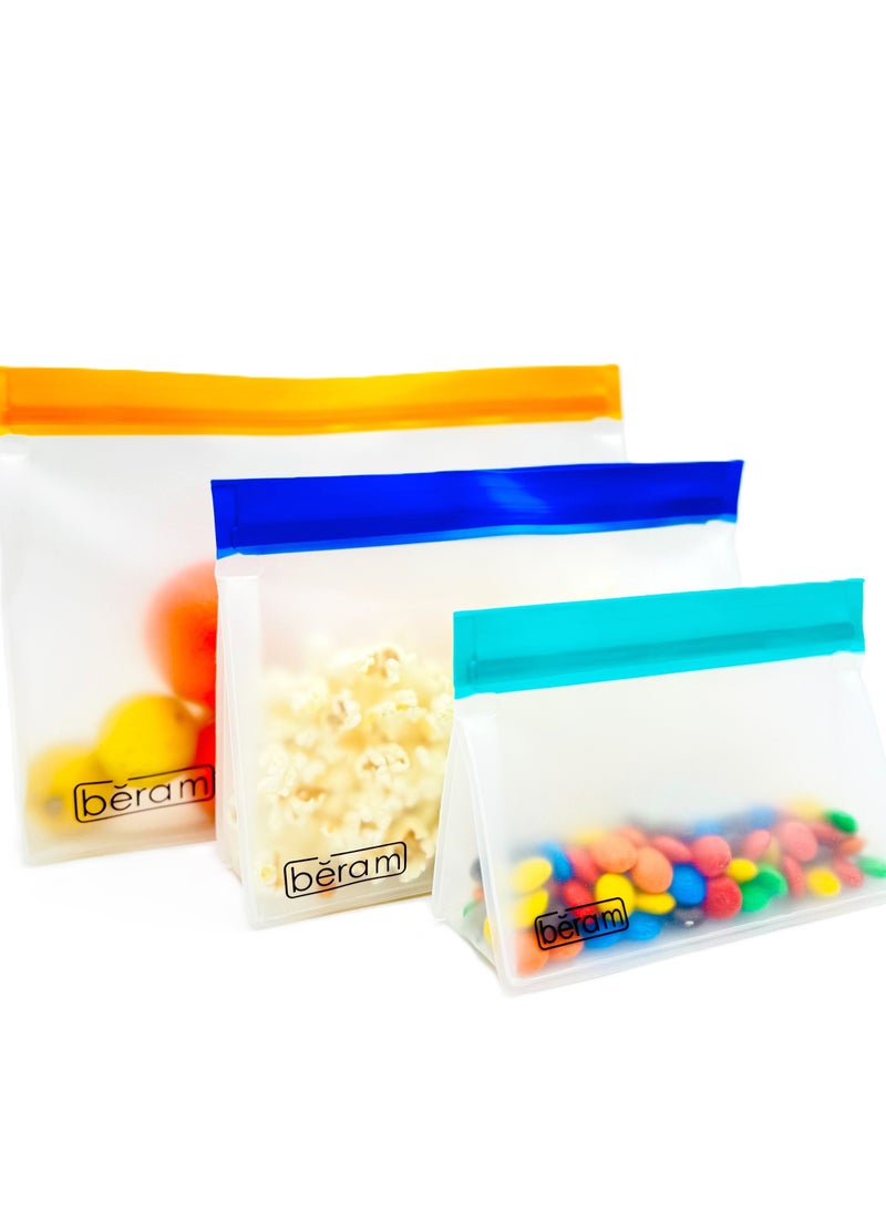 Beram - BERAM Reusable Storage Bags, Standing Ziploc Containers, Leak Proof, PEVA Material, Freezer Safe Lunch and Sandwich Bags, Food Safe Picnic and Travel Bags - Image 1