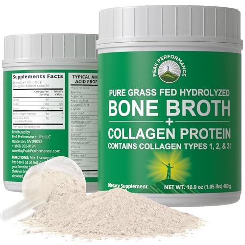 Peak Performance Hydrolyzed Bone Broth and Collagen Unflavored Protein Peptides Powder Contains All Collagen Types 1 2 and 3 Pure Pasture Raised Grass Fed Paleo Friendly Gluten Dairy Free