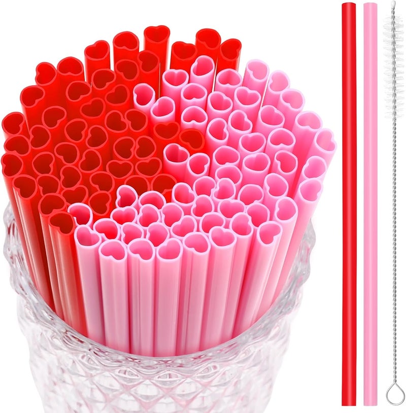 JANYUN JANYUN 30 Pcs Pink Red Heart Shaped Straws Reusable Valentines Plastic Drinking Straw for Valentines Day Party Favors Birthday Bridal Shower Wedding Supplies - Image 1