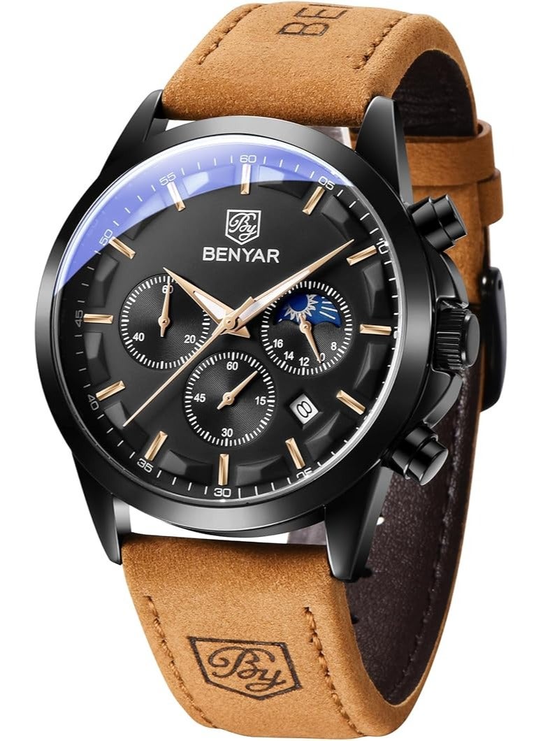 BENYAR Mens Watches Multifunction Chronograph Date Quartz Watch for Men Brown Leather Band Analog Wrist Watch Gift for Men Casual Business - Image 1