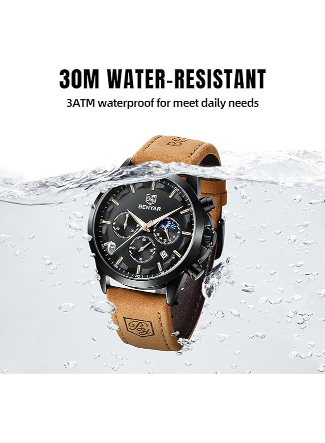 BENYAR Mens Watches Multifunction Chronograph Date Quartz Watch for Men Brown Leather Band Analog Wrist Watch Gift for Men Casual Business - Image 5