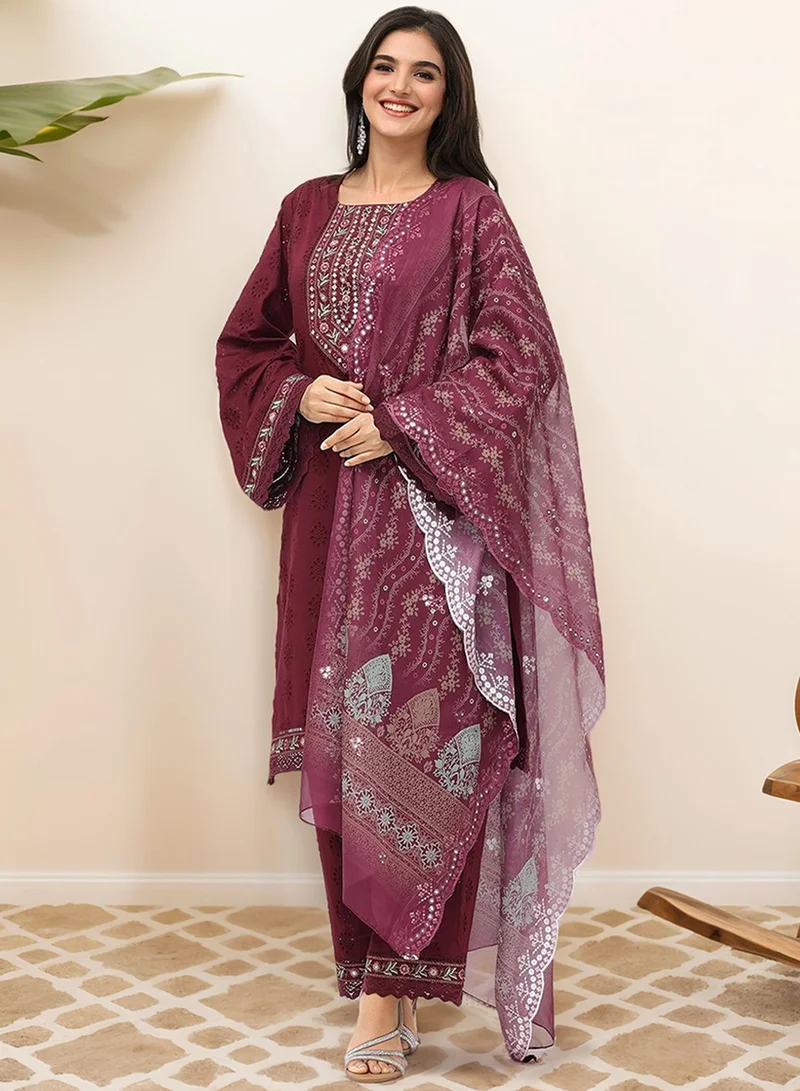 ISHIN Ethnic Motifs Embroidered Pure Cotton Straight Kurta With Trousers & Dupatta