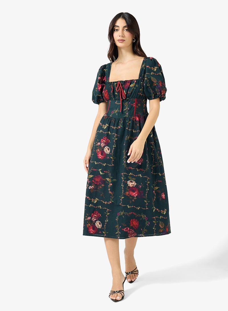 Hope & Ivy Square Neck Floral Cotton Floral print Midi Dress - Image 4