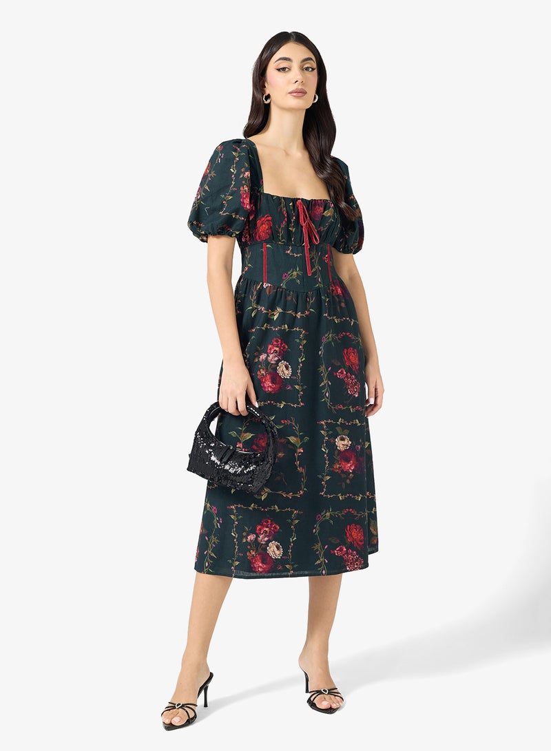 Hope & Ivy Square Neck Floral Cotton Floral print Midi Dress - Image 1