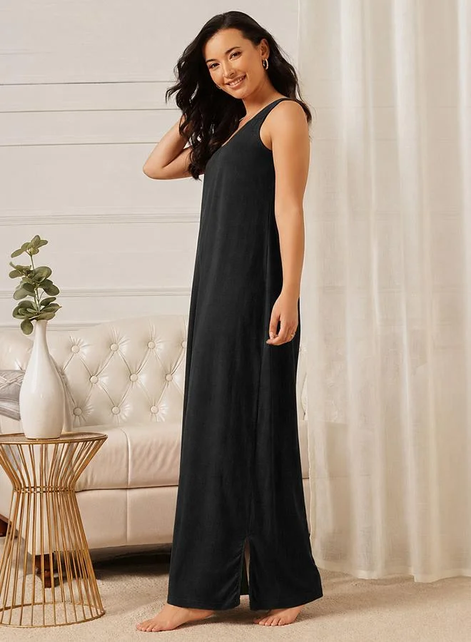 Clovia Black Maxi Nightdress with Side Slits