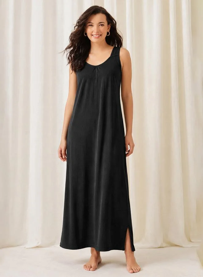 Clovia Black Maxi Nightdress with Side Slits