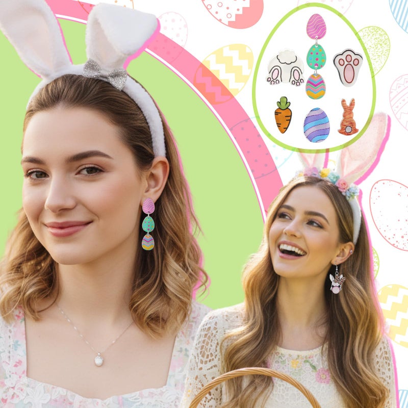 Nosiny 36 Pairs Easter Earrings for Women Bulk Colorful Easter Bunny Dangle Earrings Cute Spring Rabbit Carrot Egg Shaped Jewelry Holiday Gift(Acrylic,Cute) - Image 5