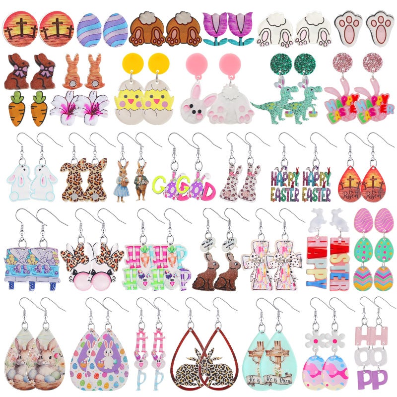Nosiny 36 Pairs Easter Earrings for Women Bulk Colorful Easter Bunny Dangle Earrings Cute Spring Rabbit Carrot Egg Shaped Jewelry Holiday Gift(Acrylic,Cute) - Image 1