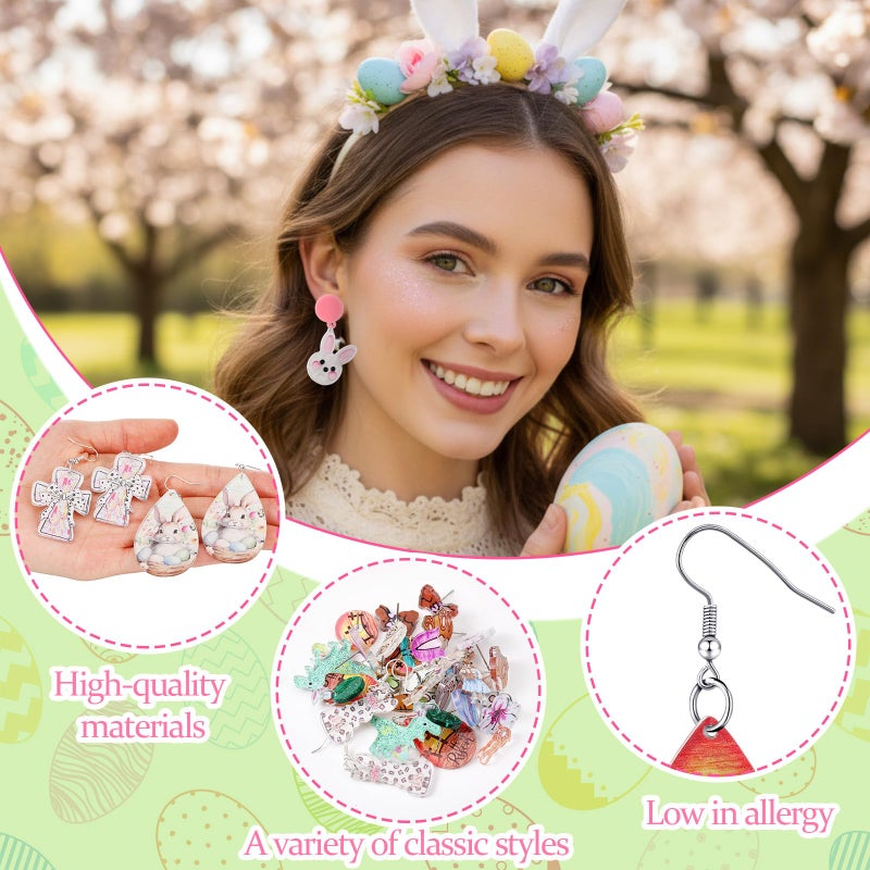 Nosiny 36 Pairs Easter Earrings for Women Bulk Colorful Easter Bunny Dangle Earrings Cute Spring Rabbit Carrot Egg Shaped Jewelry Holiday Gift(Acrylic,Cute) - Image 3