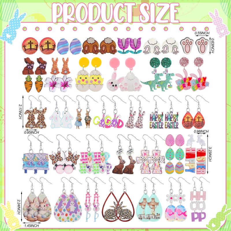 Nosiny 36 Pairs Easter Earrings for Women Bulk Colorful Easter Bunny Dangle Earrings Cute Spring Rabbit Carrot Egg Shaped Jewelry Holiday Gift(Acrylic,Cute) - Image 2