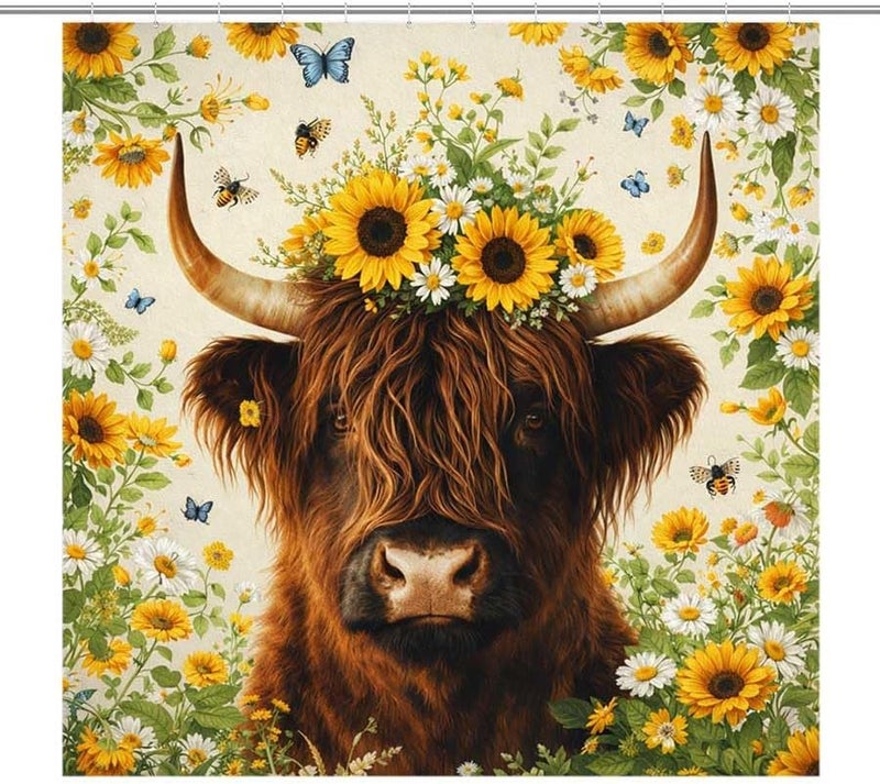 Highland Cow with Sunflowers and ButterfliesShower Curtain for Bathroom Waterproof Tan Shower Curtain with Hooks 71 inch x 71 inch - Image 1