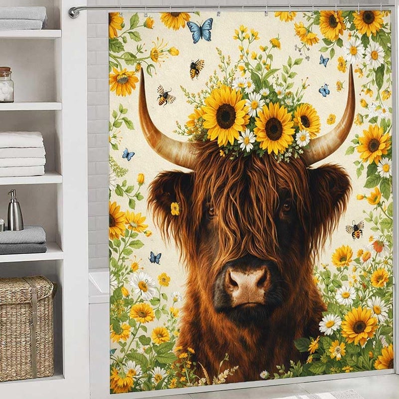 Highland Cow with Sunflowers and ButterfliesShower Curtain for Bathroom Waterproof Tan Shower Curtain with Hooks 71 inch x 71 inch - Image 2