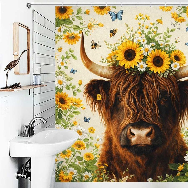 Highland Cow with Sunflowers and ButterfliesShower Curtain for Bathroom Waterproof Tan Shower Curtain with Hooks 71 inch x 71 inch - Image 4