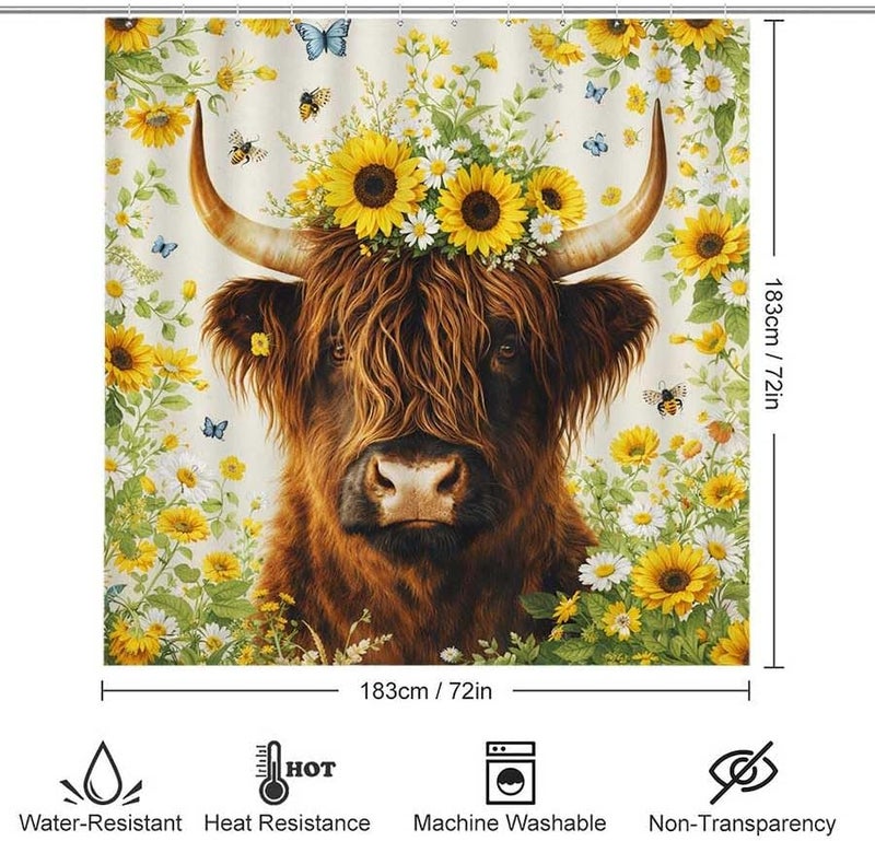 Highland Cow with Sunflowers and ButterfliesShower Curtain for Bathroom Waterproof Tan Shower Curtain with Hooks 71 inch x 71 inch - Image 3