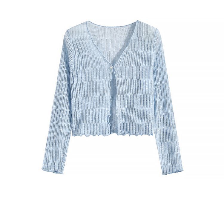 Gentle Style Baby Blue Shawl Knitted Cardigan Jacket Summer Thin New Long Sleeve Blouse Short Sunscreen Top - Image 5