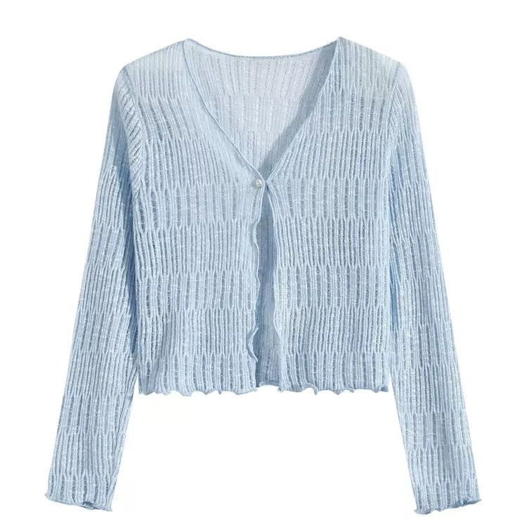 Gentle Style Baby Blue Shawl Knitted Cardigan Jacket Summer Thin New Long Sleeve Blouse Short Sunscreen Top - Image 2