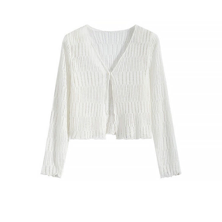 Gentle Style Baby Blue Shawl Knitted Cardigan Jacket Summer Thin New Long Sleeve Blouse Short Sunscreen Top - Image 4